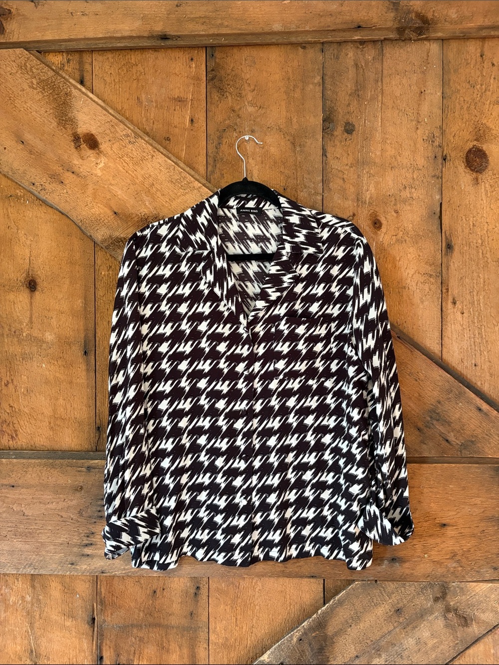 Anine Bing‎ Black White Houndstooth Button Down Shirt Blouse S A-07-5836-071